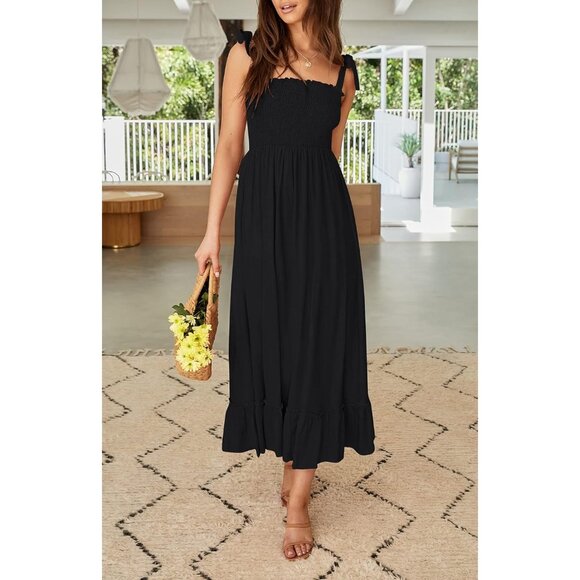 Women's 2024 Summer Boho Spaghetti Strap Square Neck Solid Color Ruffle A Line B - Picture 2 of 9